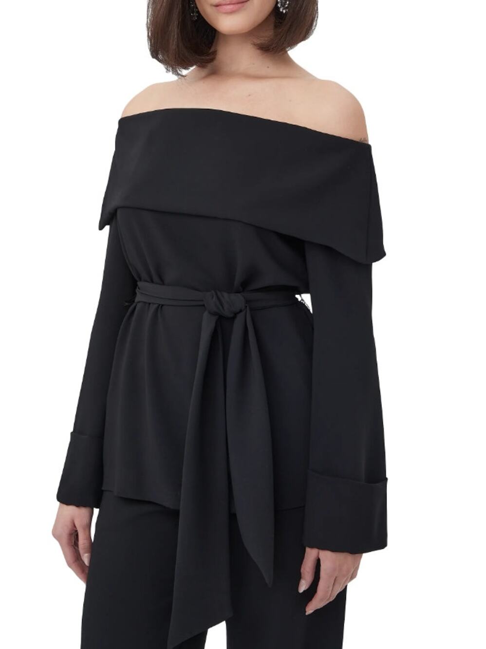 TRINA TURK Womens Lyndi Off-the-Shoulder Top Size 8 Black Long Sleeve Belted NWT
